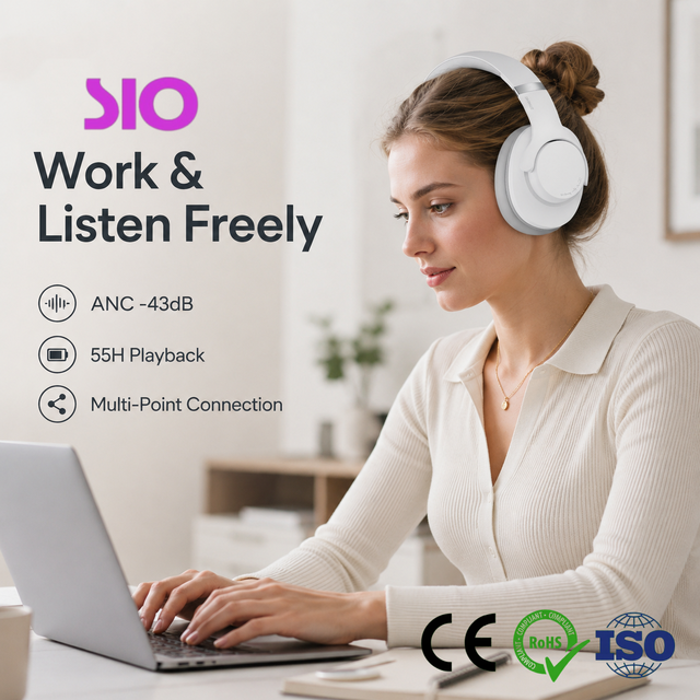 IP65 Waterproof Foldable Headset with AUX Port, -43dB ANC 55H Playtime BT 5.4 Stereo Headphones