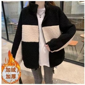 <b>Plus</b> <b>Size</b> Women Fleece Coat Black Apricot Color Blocking Thick Warm Autumn Winter Casual Outerwear - Product Image 1