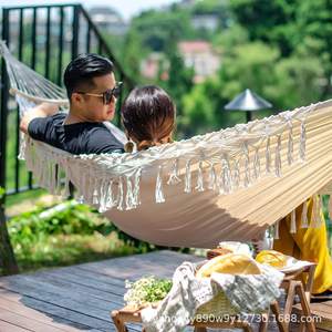 Hamac d'extérieur Woqi en coton, style bohème, capacité 204 lb, pour usage intérieur et extérieur, avec mousquetons et sac de rangement - Product Image 2