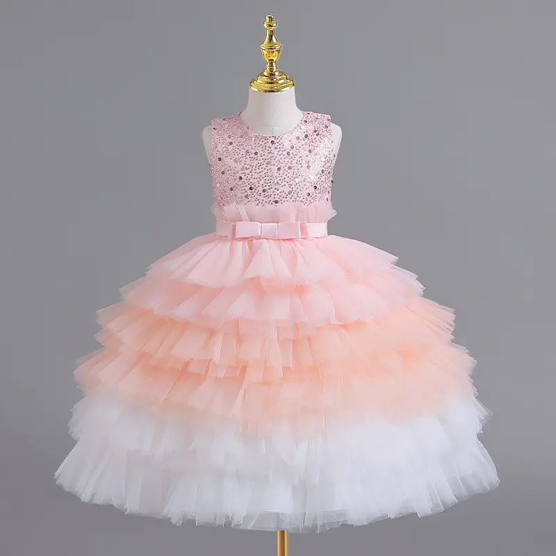 Vestido de niña multicolor pastel princesa vestido en capas cumpleaños pasarela flor niña piano actuación lentejuelas tutú falda vestidos
