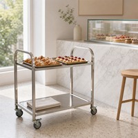 Chariot utilitaire double niveau de qualité commerciale, chariot de stockage alimentaire en acier inoxydable 201, capacité de 50 kg/étagère, 4 roulettes pivotantes avec freins