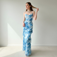 Robe maxi en mousseline de soie à volants floraux personnalisée pour femmes Robes de soirée pour femmes