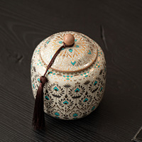 Boîte à thé en céramique MSH à motif mandala bohème, incrustée d'or, hermétique, avec bouton en bois et couvercle à pompon