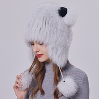 Bonnet d'hiver en fourrure de renard véritable pour femmes Bonnet en fourrure véritable avec oreilles d'ours Petit bonnet à pompon en fourrure avec oreillette