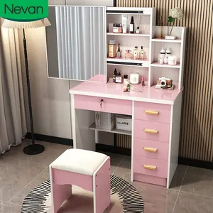 Muebles para el hogar al por mayor moderno profesional blanco rosa marrón pequeño espejo LED 80 CM maquillaje tocador juegos de mesa con cajones
