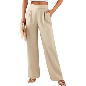 Pantalon large femme taille haute fluide palazzo respirant plissé devant décontracté été avec poches kaki - Product Image 1