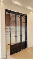 Puerta de Vidrio con Marco Negro Vintage y Parte Superior Arqueada, Puerta Interior de Doble Apertura para Entrada, Pasillo, Dormitorio y Estudio