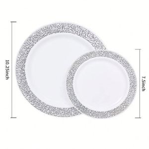 Platos de plástico redondos blancos con aspecto de papel de aluminio plateado para bodas y cenas - Product Image 3