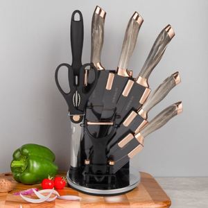 9-Piece Stainless Steel Kitchen <b>Knife</b> <b>Set</b> with Marble Patterned Electroplated Head Custom Logo Metal Components Rotating Seat - Product Image 1