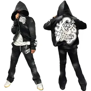 Custom Wholesale Polyester Splicing Printed Acid Wash Hoodie Corner Men Stacked Bell Bottoms Jogging Sports Two-Piece Set