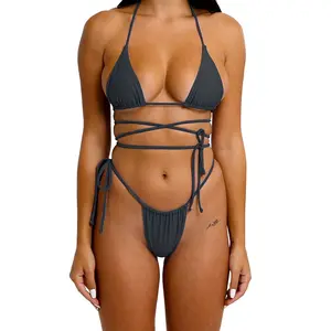 DAMOCHIC Custom Bikini Set Lace Up Swimwear Halter Swimsuit Brazilian Hot Sexy Extreme Bikini Models Thong Bikini Beachwear 2023