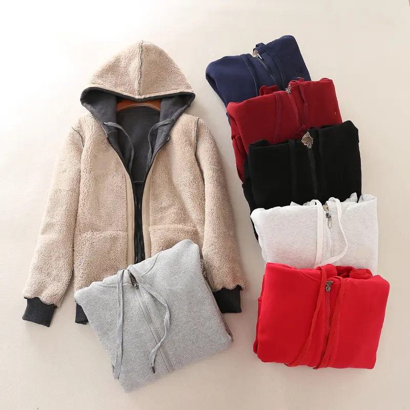 Custom Logo Fleece Hooded Sweater Women's Solid Color Warm Cotton Padded Jacket With Plush Thickened Zipper Coat Hoodies