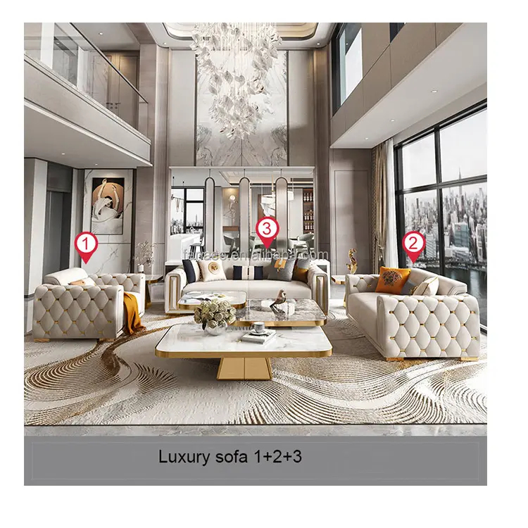 Venta al por mayor de encargo de acero inoxidable Tufted Sofás diseños modernos de lujo tapizado de terciopelo Seccional de la sala de estar para el hogar