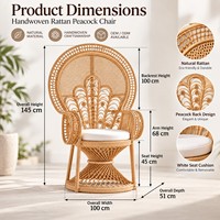 Fauteuil Paon en Rotin Naturel Tressé à la Main avec Coussin pour Salon, Hôtel, Resort