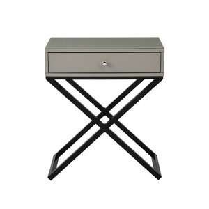 Koda 23 In Taupe Wooden End <b>Table</b> With Glass <b>Top</b> <b>Drawer</b> Metal Cross Base - Product Image 3