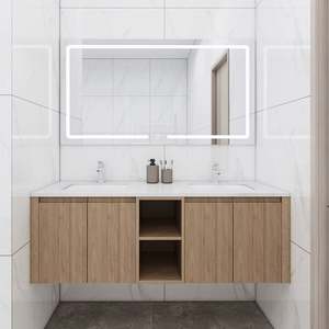 Meuble de salle de bain moderne en contreplaqué avec miroir LED, lavabo en céramique, résistant à l'eau - Product Image 1