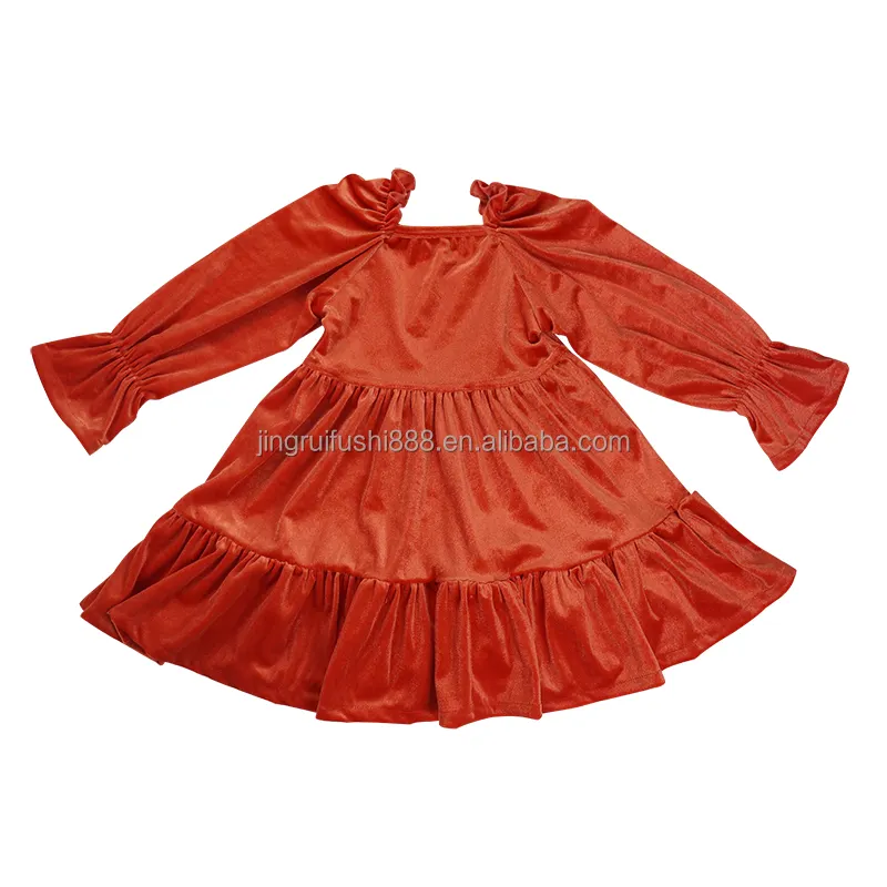 Wholesale Children Girls Sweet Dress Orange Velvet Princess Puff Long Sleeve Twirl Dress Autumn Winter Fashion Clothes