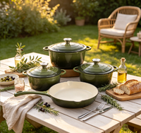 Ensemble de batterie de cuisine en fonte émaillée 4 pièces, compatible four, comprenant faitouts, poêle à frire et poêle grill, pour cuisinières à induction et à gaz