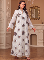 Abaya décontractée de luxe en polyester et mousseline, broderie florale à sequins, col montant, manches évasées, style Dubaï, Kaftan musulman, pour fête de l'Aïd, tenue modeste