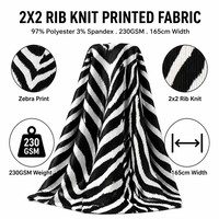 Tissu imprimé en maille côtelée 2x2, 230 g/m², 97 % polyester, 3 % élasthanne, imprimé zèbre pour robes, leggings, hauts, largeur 165 cm