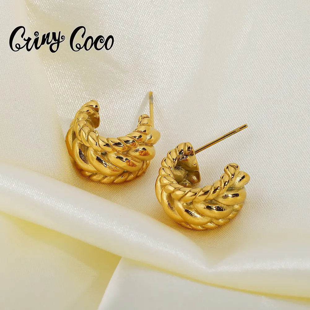Cring CoCo Gold Carved Wreath Earrings For Women 18K Gold-plated C Shaped Stainless Steel Ring Earrings Jewelry Wholesale