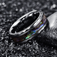 POYA Bague de luxe en acier au tungstène de 8mm pour homme Bordure à facettes polie en argent avec coquille d'ormeau pour mariage ou fiançailles