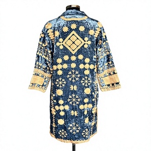 Royal Blue Velvet Embroidered <b>Long</b> Jacket with Floral Design Breathable <b>Summer</b> Autumn <b>Coat</b> - Product Image 4
