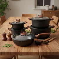 Ensemble de casseroles et poêles professionnel en aluminium moulé sous pression, noir, à surface côtelée, 15 pièces, compatible induction, antiadhésif céramique, pour chef