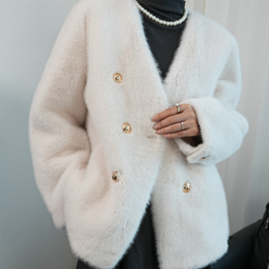 Imitation Mink 2024 Autumn and Winter New Fashion Korean Version Double-breasted V-collar Ferrets <strong>Green</strong> <strong>Fur</strong> Woman - Product Image 2