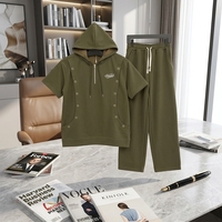 Ensemble 2 pièces décontracté pour homme : sweat à capuche mi-zippé à clous et manches courtes en tricot thermique imprimé, et pantalon taille élastique – Collection automne