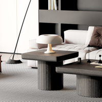 Table console moderne en placage de bois massif, motif parquet carré minimaliste, base cylindrique rainurée, plateau épaissi