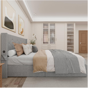Letto matrimoniale moderno in velluto grigio lino, imbottito, con sollevamento a gas, contenitore e design in tessuto trapuntato a bottoni - Product Image 6