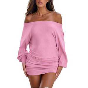 Robe de soirée sexy tendance, épaules dénudées, manches longues, moulante, décontractée, mini robe pour femmes - Product Image 3