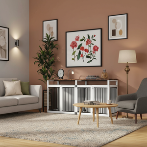 Mobile TV e Cuccia per Cani in Legno Massello Stile Modern Farmhouse, 4 Porte con Serratura, Grande Capacità per 2 Cani, Bianco, Arredamento <span class=keywords><strong>Soggiorno</strong></span> HY - Product Image 2