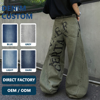 Jeans personnalisés pour hommes, usine OEM ODM, pantalons en denim amples à jambe large, imprimé lettres vintage, streetwear, vente en gros, logo personnalisé