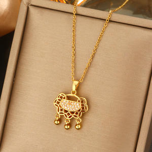 Collar de Lujo con Colgante de Acero Inoxidable Chapado en Oro con Piedras Preciosas, 40+5cm, con Patrones de Flores/Lazos/Conchas para Mujer - Product Image 3