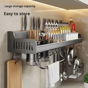 Étagère de <span class=keywords><strong>rangement</strong></span> murale pour <span class=keywords><strong>cuisine</strong></span>, sans perçage, grande capacité, organisateur d'épices, de <span class=keywords><strong>couteaux</strong></span>, de baguettes, de cuillères, facile à nettoyer - Product Image 2