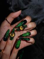 Ongles à presser Stiletto Noir-vert style Dark Punk, motif Œil de Démon à épines et Crâne 3D avec motif de vigne, exagérés, pour Halloween, Cosplay, Fête, personnalisables