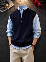 Gilet en tricot bleu marine chaud texturé à col en V et épaules droites pour homme – Style preppy décontracté chic sans manches – Look marié