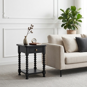 Table d'appoint vintage noire <span class=keywords><strong>en</strong></span> bois massif avec étagère de rangement ouverte pour salon et mobilier de maison - Product Image 2