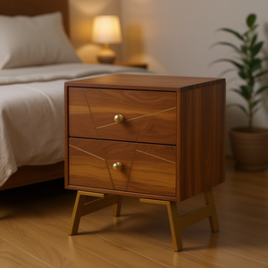 Comodino in Legno di Mango Marrone Medio con 2 Cassetti, Stile Mid-Century Moderno, Mobile per Camera da Letto - Product Image 2