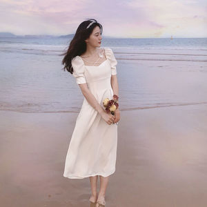 French Style Square Neck White Dress Women 2025 Summer Puff Sleeve Mid Length Elegant Beachwear - Product Image 4