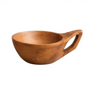 Bol de service rond en bois de manguier finition noyer avec poignée ergonomique à découpe inclinée - Product Image 1