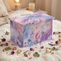 Boîte à bijoux musicale en aquarelle, motif floral violet et rose, accents dorés, organisateur en bois à deux tiroirs, bouton en cristal, rangement, vente en gros
