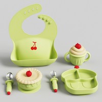 Ensemble d'alimentation pour bébé en silicone Cherry Baby Led Weaning : bol à ventouse, assiette compartimentée, bavoir, cuillère, fourchette, tasse d'apprentissage avec couvercle
