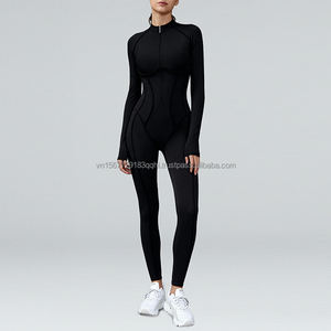 Conjunto de mono de entrenamiento de alta resistencia con cuello alto, media cremallera, manga larga, cintura alta y efecto levanta glúteos para moldear el cuerpo. - Product Image 5