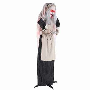 Décoration d'Halloween : Fille de ménagère fantôme sur pied activée par le mouvement, avec yeux rouges lumineux et tête rotative, idéale pour maison hantée et escape room - Product Image 1