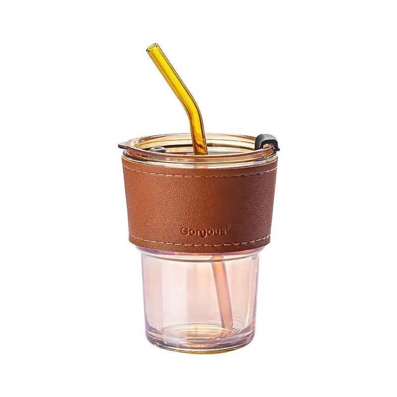 Reusable Custom Water Espresso Coffee Bubble Tea Glass Cups with Lids and Straws Glass cup with leather to prevent scalding