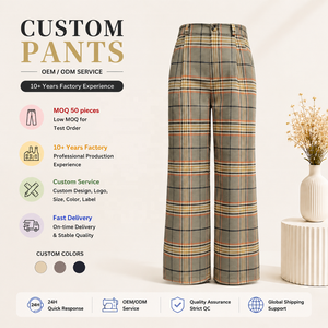 Women Mid Waist Vintage Plaid Straight Leg Dress Pants Pleated Front Worsted Anti-Wrinkle Office Business Casual Wear Custom - Product Image 1