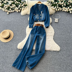 Ensembles élégants pour femmes d'automne, <span class=keywords><strong>tunique</strong></span>, haut court et costume en jean, vente en gros de vêtements - Product Image 1